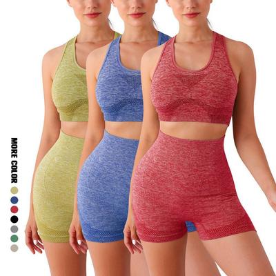 Sommer Nahtloses Yoga Set Damen Fitness Outfits Pfirsich Hüfte Shorts Anzug Stoßfester Sport-BH Gym Laufanzüge