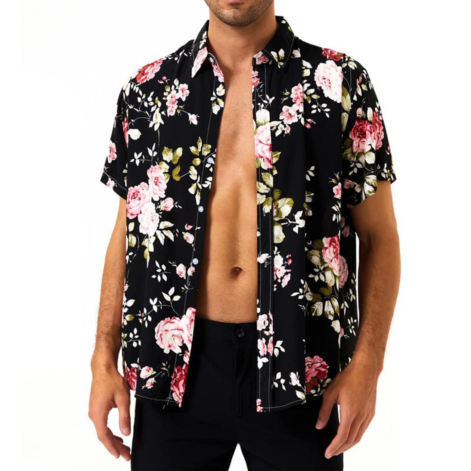 

(Куниде) Гавайская рубашка для мужчин, мужские винтажные рубашки для боулинга на пуговицах, летняя пляжная рубашка с коротким рукавом M чёрный
