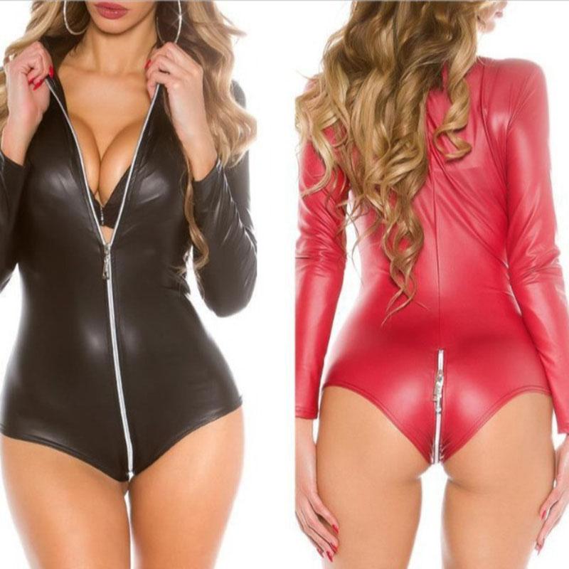 Sexy Faux Leather Female Bodysuit Open Crotch Zipper Jacket Women Erotic Latex Catsuit Bodycon Skirt Motocross Clothing Leotard