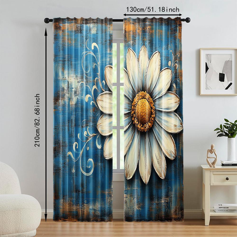 2 Pcs, Versatile Polyester Transparent Curtains for Home Decoration Floral Daisy Design for Use In Bedrooms and Living Rooms