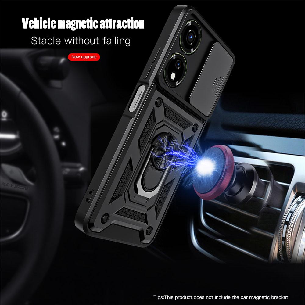 KEYSION Shockproof Armor Case for Itel P55 5G Silicone+PC Slide Camera Lens Protection Ring Stand Phone Cover for Itel P55 5G