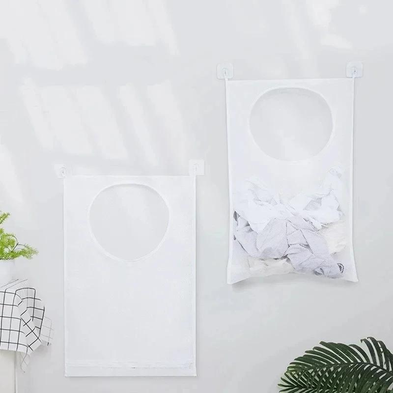 Foldable Mesh Dirty Clothes Storage Bag with Hook - Wall Hanging Laundry Basket Frame Bucket for Clothing Org
