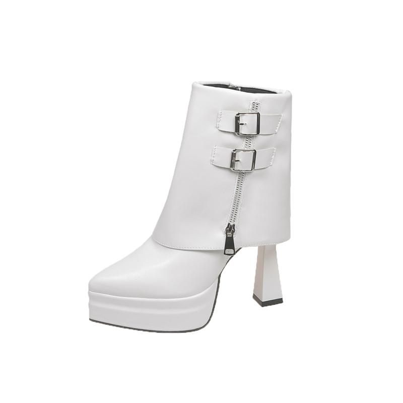 

Fashion Stylish Side Zip Square Heel Pantyleg Boots Autumn New Pointed Toe Metal Buckle Platform Non-Slip Shorthole Boots 42 белый