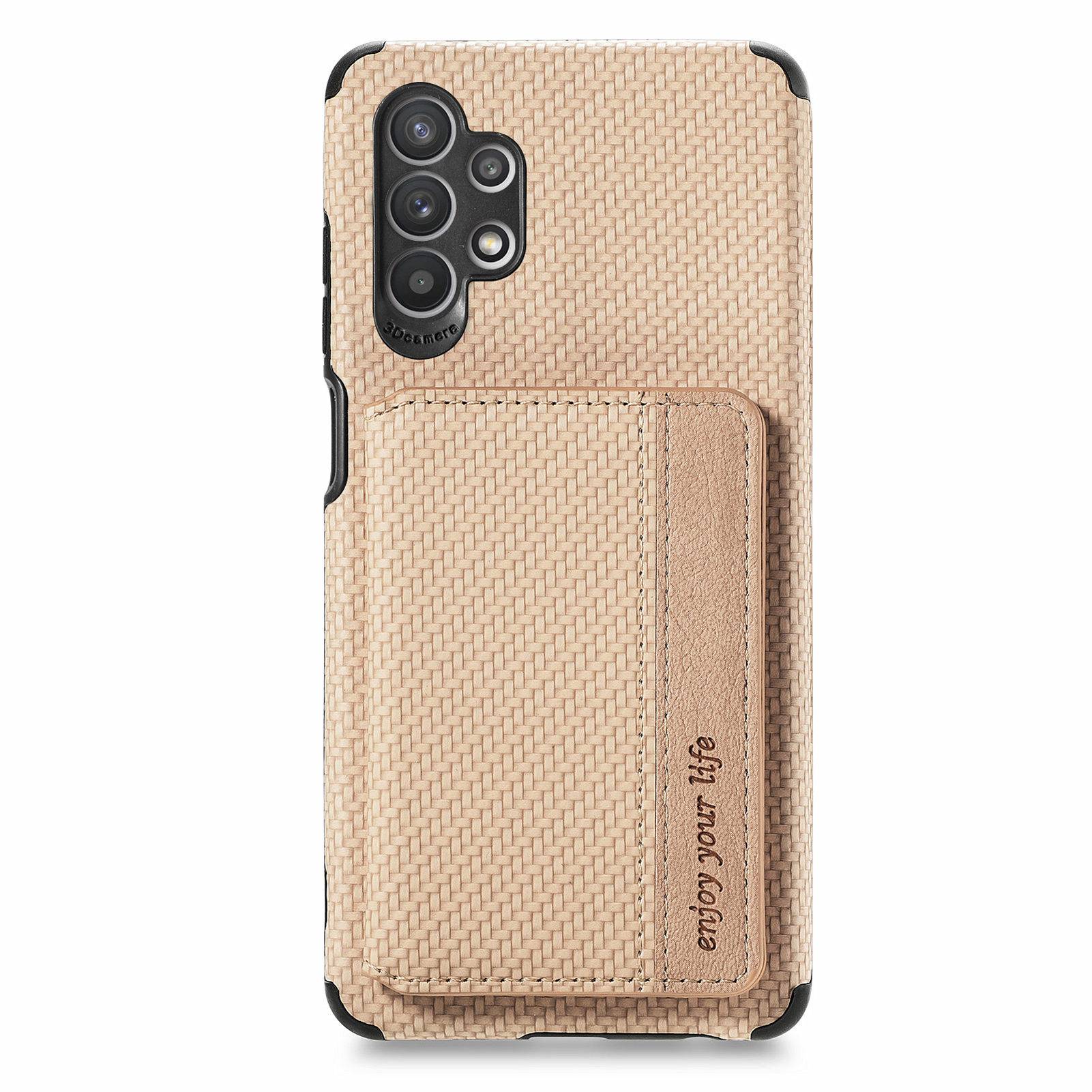 

Carbon Fiber Texture Coated Hybrid Phone Cover for Samsung Galaxy A23 5G (Global Version),Built-in Magnet Sheet Design Case with Card Pocket Kickstand Khaki