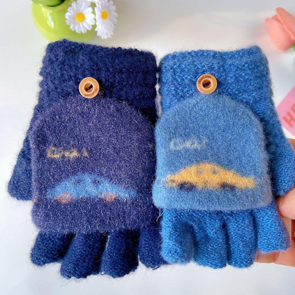 Cartoon Flip-Top Half-Finger Boy's Winter Gloves: Exposed Fingertips for Writing & Cycling