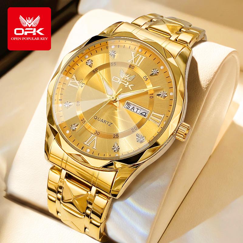 OPK Brand Men's Steel Strap Quartz Watch Dual Calendar Waterproof Night Light 6023