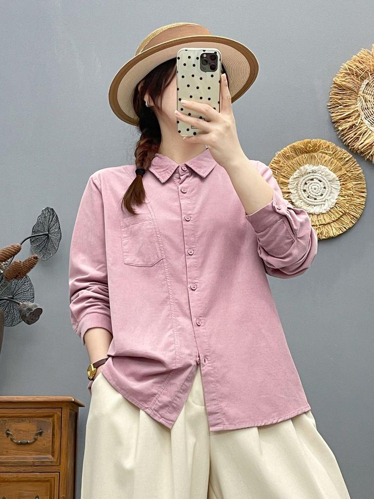 Korean Design Solid Corduroy Cardigan Women's Slimming Top, Long Sleeve Spring 2026 Casual Shirt