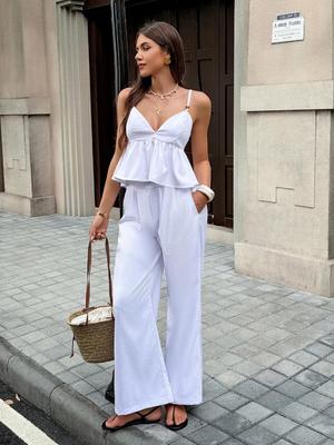 2026 Frühjahr/Sommer Damen Elegantes V-Ausschnitt Spaghettiträger Jumpsuit Set - Europäischer & Amerikanischer Stil