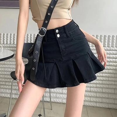 Vintage Denim Rock Frauen Streetwear Hohe Taille A-linie Gothic Schwarz Jeans Plissee Rock Frühling Herbst Mode