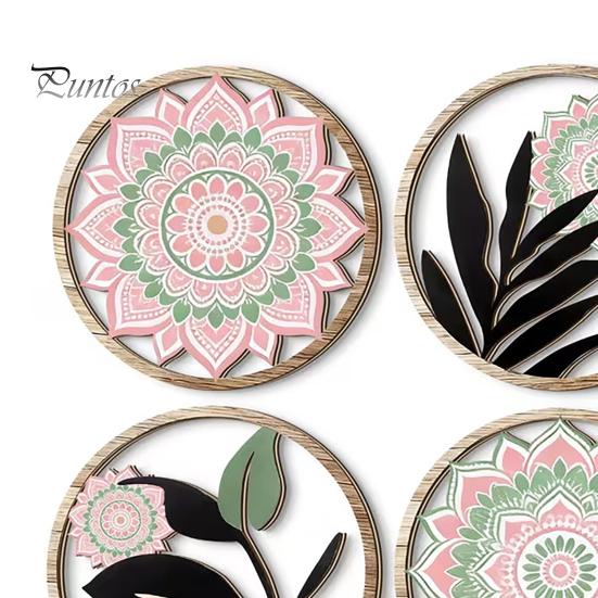 Zestaw Czterech Okrągłych Płyt Ściennych 4 Szt. Wystrój Boho, Drewniane Geometryczne Kwiatowe Elegancka Sztuka Dekoracji Wnętrz Domu, Estetyka Wiejska Wiszące Ozdoby