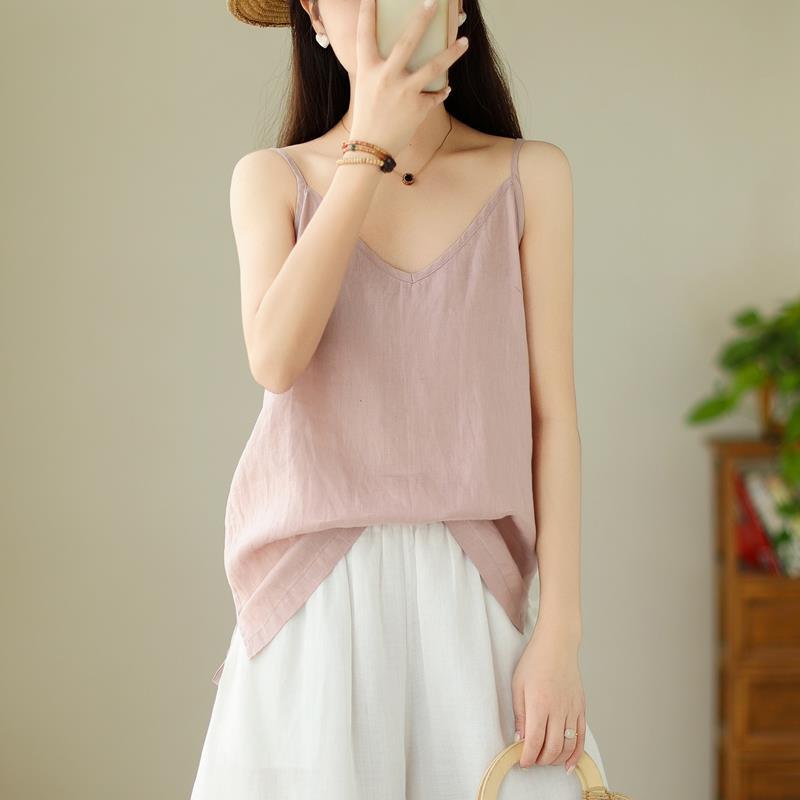 

QICED Летний легкий и мягкий тонкий лен Маленький слинг Чистый лен V-образный вырез с художественным жилетом-слингом XXL розовый