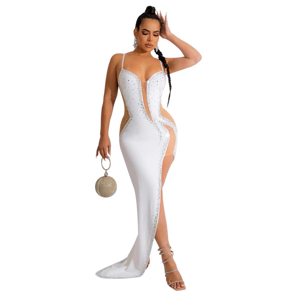 Women's Fashion Solid Color V-Neck Sleeveless Long Dress with Hot Drilling