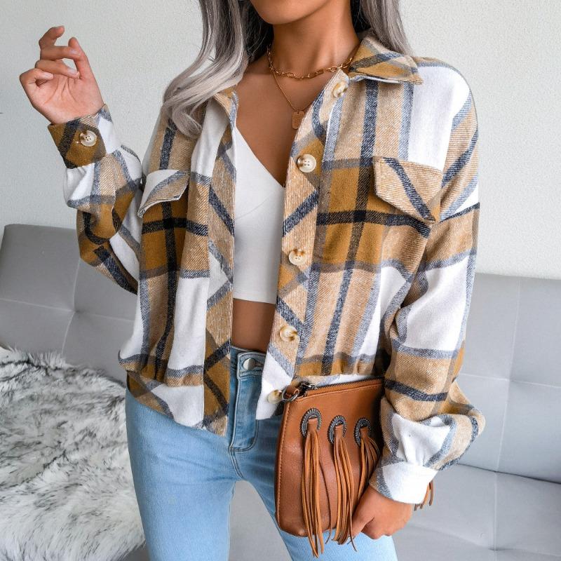 Short lapel fake pocket blue plaid lantern long-sleeved woolen jacket, spring and autumn fashion street women's trend jacket