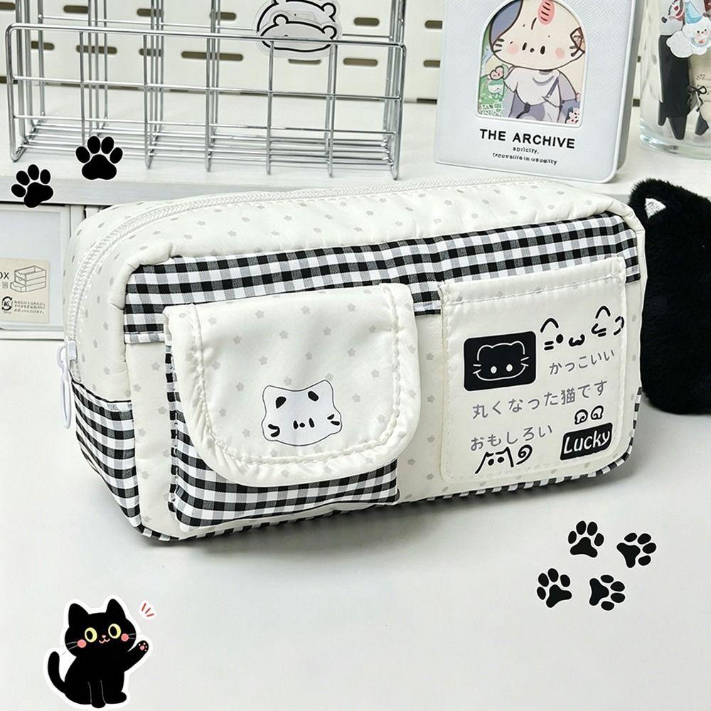 Cat Print Pencil Case Multi-Layer Pencil Pouch Durable Stationery Bag Students
