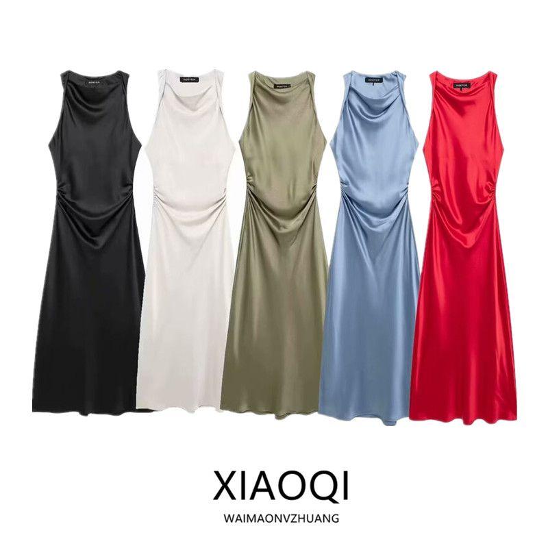 Fashion Style 2024 Summer New Arrival Women's Sleeveless Versatile Silk Satin Texture Midi Skirt Long Dress 2124305