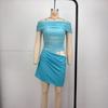 Women's Spring and Summer One-shoulder Mesh Hollow Pleated Waist-exposed Short Dress
