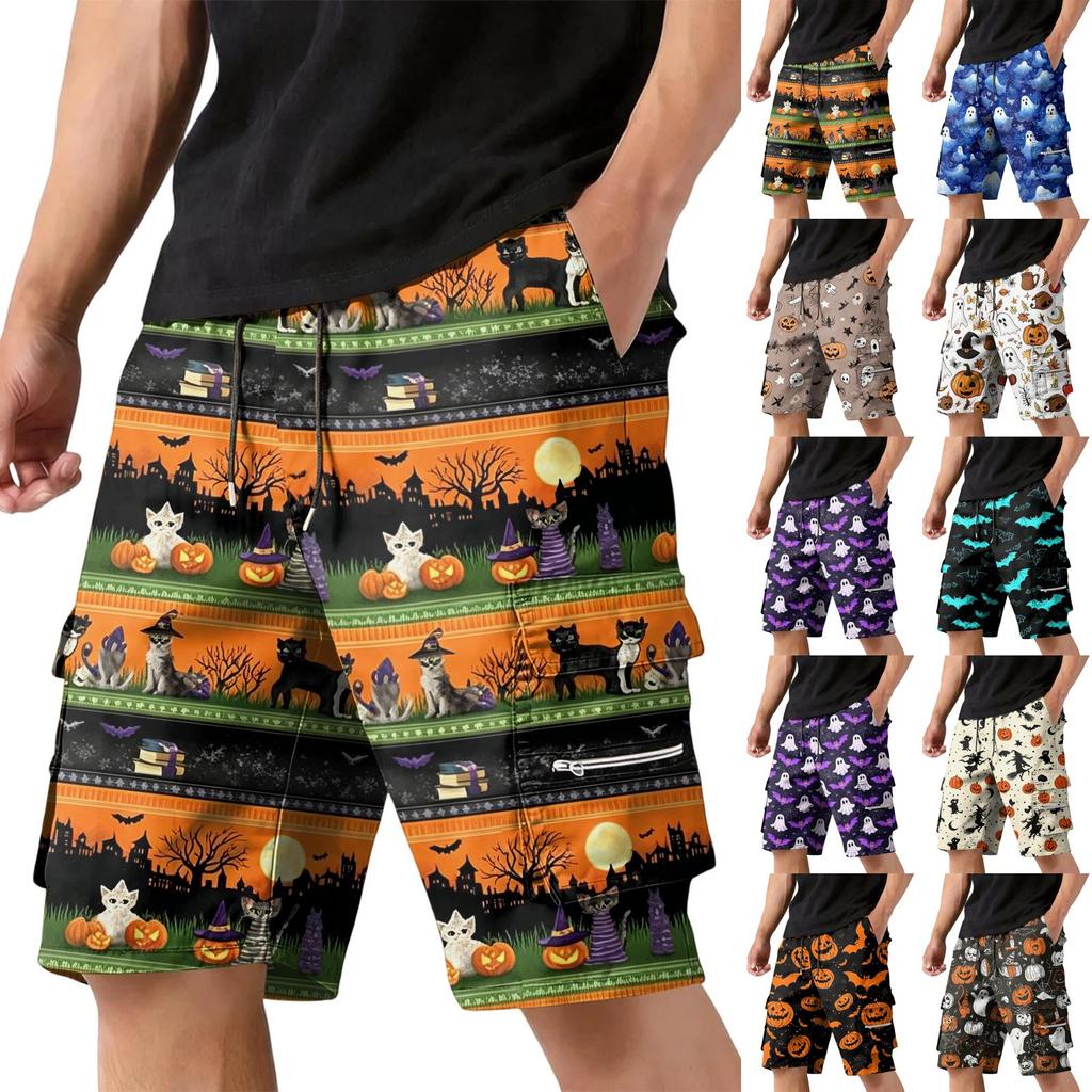 Men's Halloween Cargo Shorts Multi Pocket Drawstring Waist Casual Workwear Shorts with Zippered and Flap Pockets for Outdoor Activities