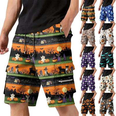 Men's Halloween Printed Drawstring Cargo Shorts Multi Pocket Loose Fit Casual Shorts with Bat and Pumpkin Pattern