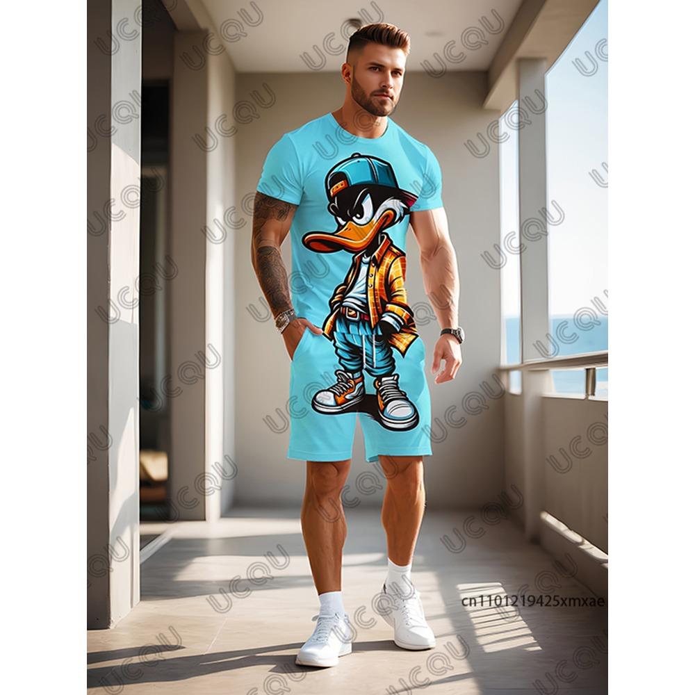 Men's Sets Gradient Funy Duck Print Short Sleeve T-Shirt+Shorts Suit Casual Set Sports Streetwear 2 Piece Outfit