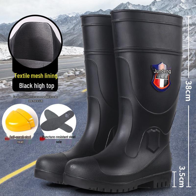 Jun Deng Men's High-Top Waterproof Anti-Smash Puncture-Resistant Work Boots - Durable, Thick-Soled Rain Boots for Construction Sites.
