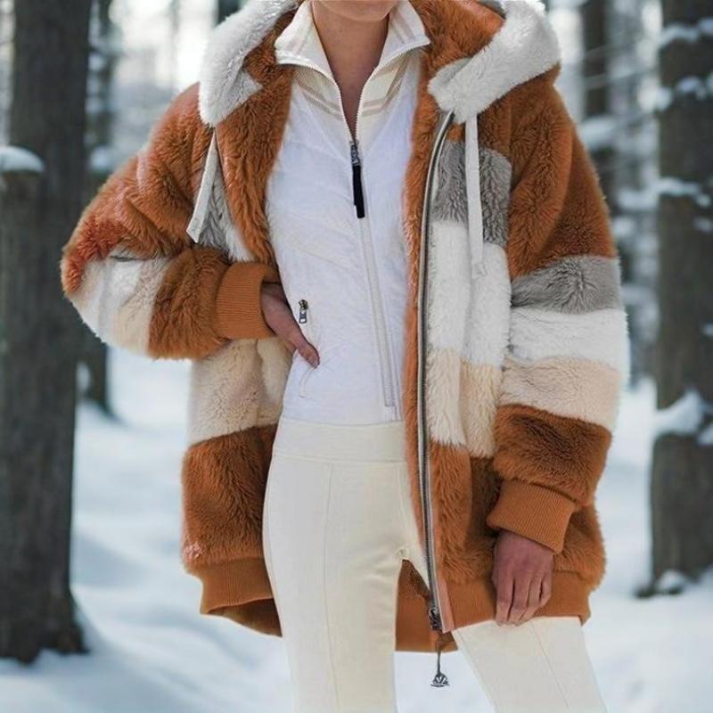 Warm plush patchwork zipper pocket hooded loose jacket