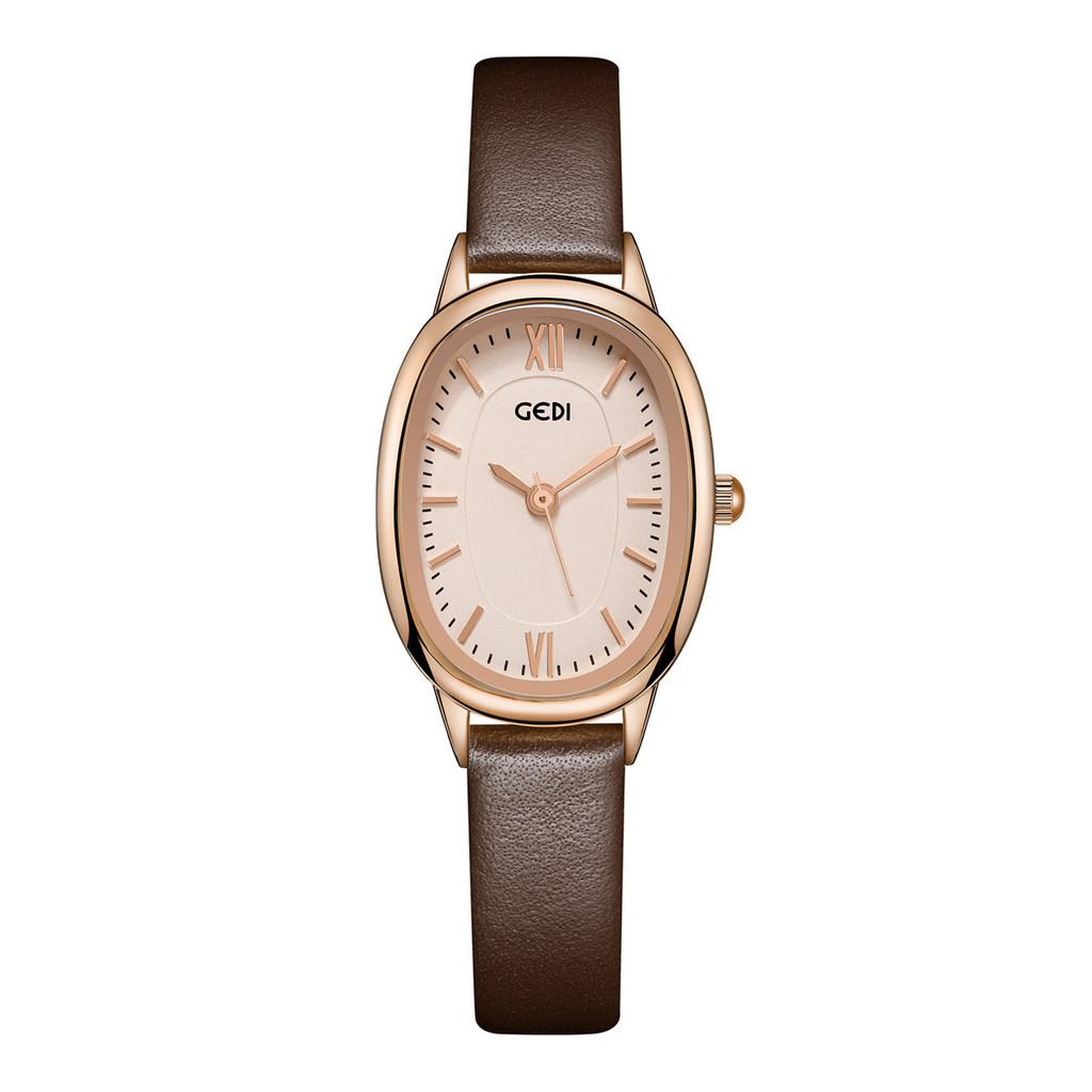 Womens Retro Oval Quartz Watch With Leather Strap For Elegant Dress Coffee Red