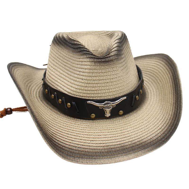 Western Cowboy Straw Hat Tibetan Sun Hat Bull Head Jazz Hat Sun Protection Hat Sun Shade Beach Hat