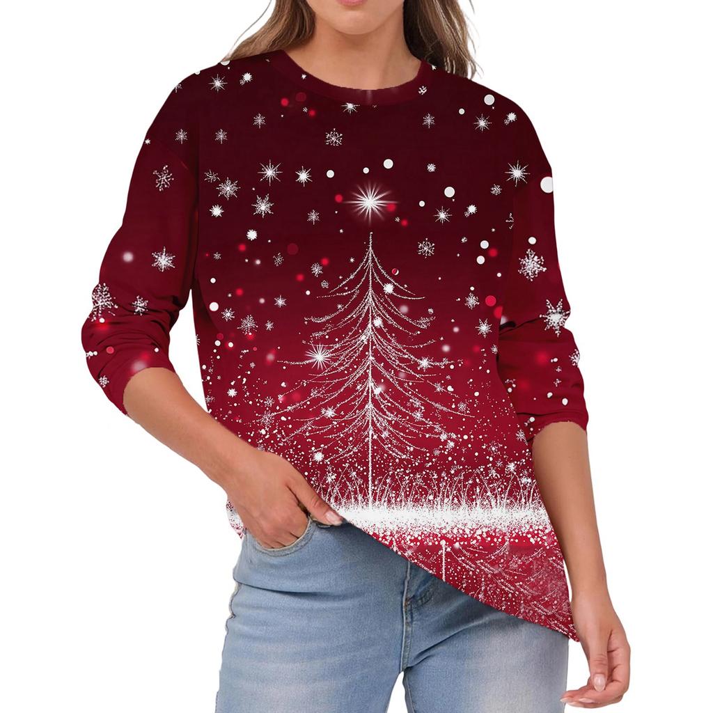 Women's Fashion Casual Christmas Print Round Neck Solid Color Long Sleeve Top