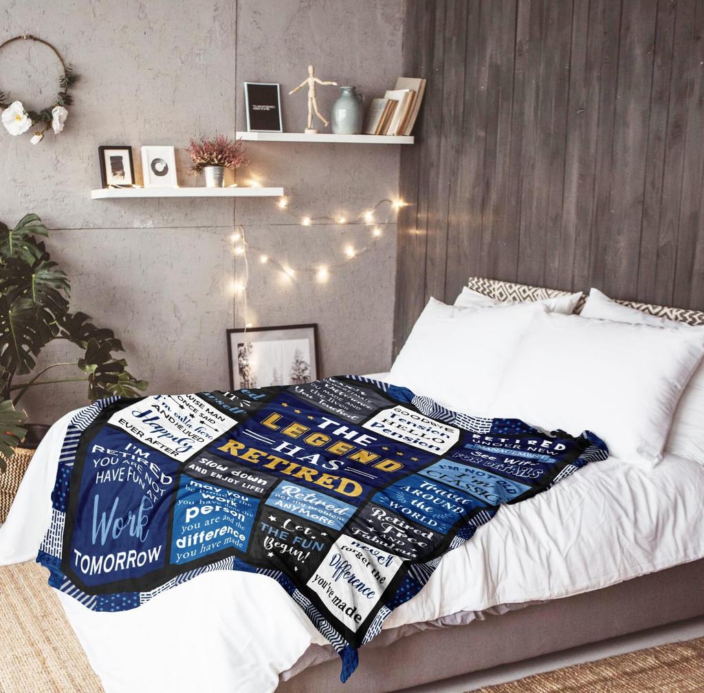 Men's retirement commemorative flannel blanket soft warm printed blanket blue 130*150cm