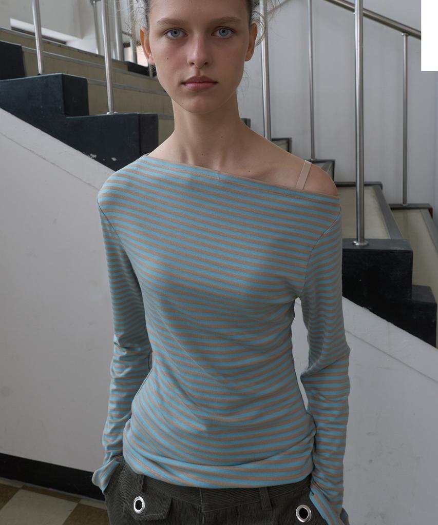 KIJUN Stripe One-Shoulder Long Sleeve Top_Mint