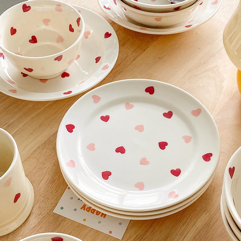 Cream Love Bowl Plate Simple Rice Salad Bowl Combination Series Underglaze Color High Temperature Resistant Ceramic Tableware