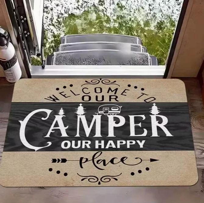 VIKAMA Happy Camping Welcome Doormat Retro Car Pine Tree Pattern Indoor Outdoor Rug Non-Slip Floor Mat Forest Theme Decor Carpet