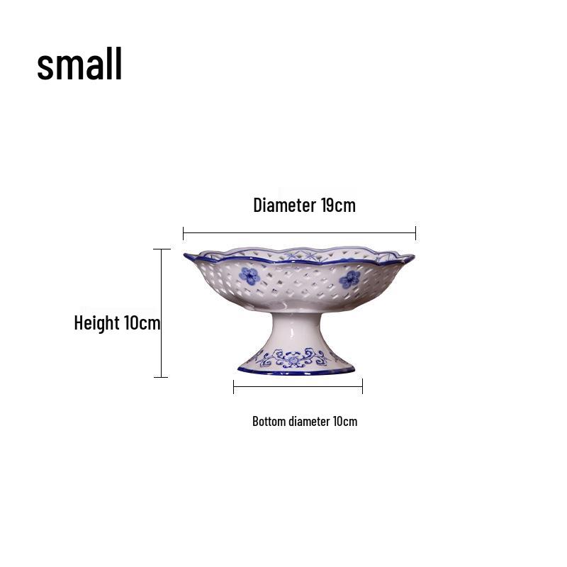 Hand-Painted Ceramic High-Footed Fruit Bowl in Blue and White