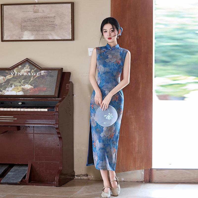 Blau ärmellos nationaler Stil neu Chinesisch täglich Suzhou langer Cheongsam verbessert jung 1011 neu Damen hoher Sinn