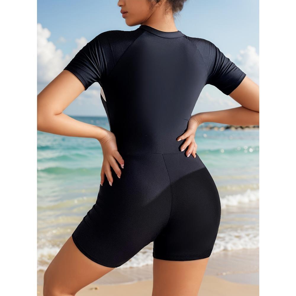 Schlichter einteiliger Badeanzug mit Farbblock-Muster, sicherer Surfanzug mit halbem Reißverschluss für Wassersport, leistungsstarke Wettkampfbademode für Damen