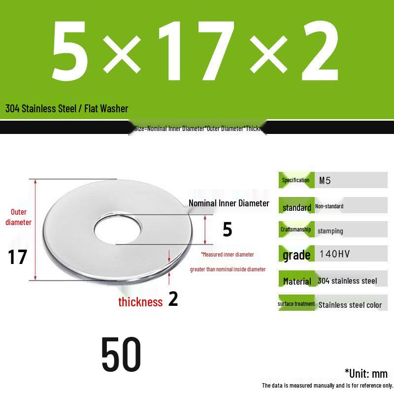 304 Stainless Steel Thickened Flat Washer Set, Sizes 2-36