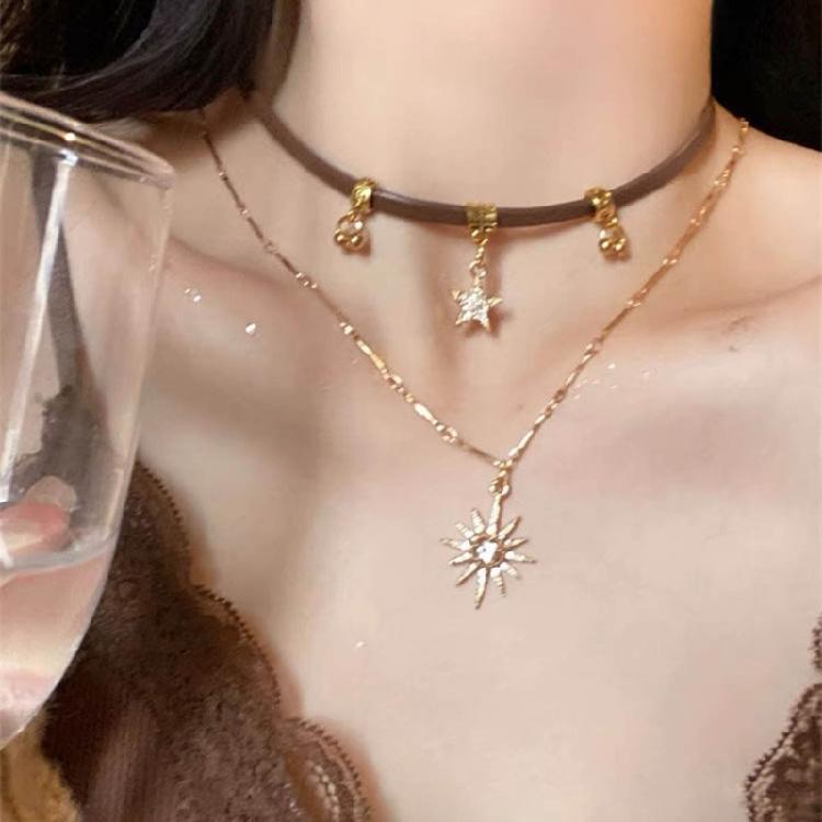 Metal Chain Necklace with Sunflower and Star Pendants Clavicle Choker for Women