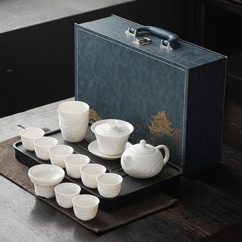 Light luxury suet jade white porcelain relief tea set business office teapot cover bowl