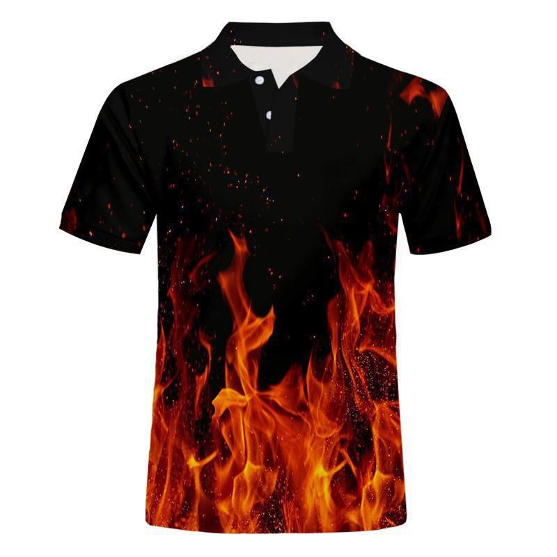 Trendy flame print short-sleeve polo shirt, great for casual daily wear.