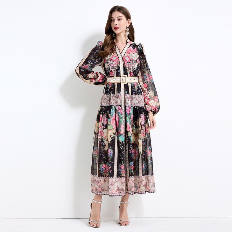 Summer Autumn Women V-neck Vintage Print Chiffon Runway Dress Single Breasted Long Maxi Oversize Vacation Beach Dresses with Belt