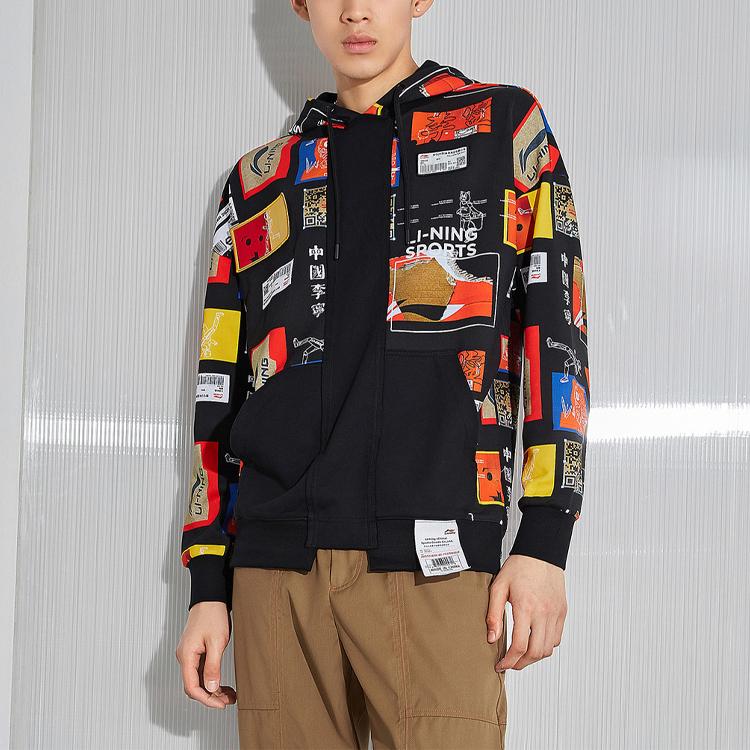 Li Ning Sports Basketball Series Graphic Element Color Block Loose Hoodie Men hoodies Black AWDR907-1