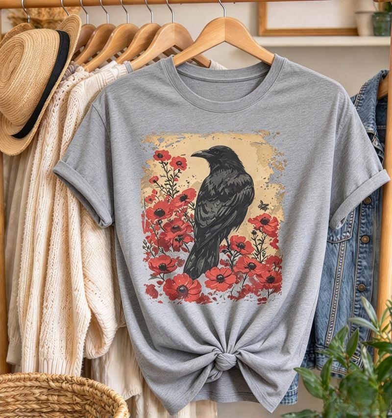 Gothic Raven Rose Enchanted Vintage Floral Crow Tshirt Unisex Unisex Retro Crow Floral Casual Short Dark Aesthetic Nature Art Tee