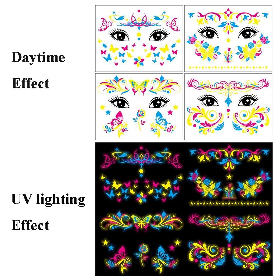 Face Tattoo Sticker Butterfly Temporary Tattoo Waterproof 4 Sheets UV Fluorescence Temporary For Women  High Quality