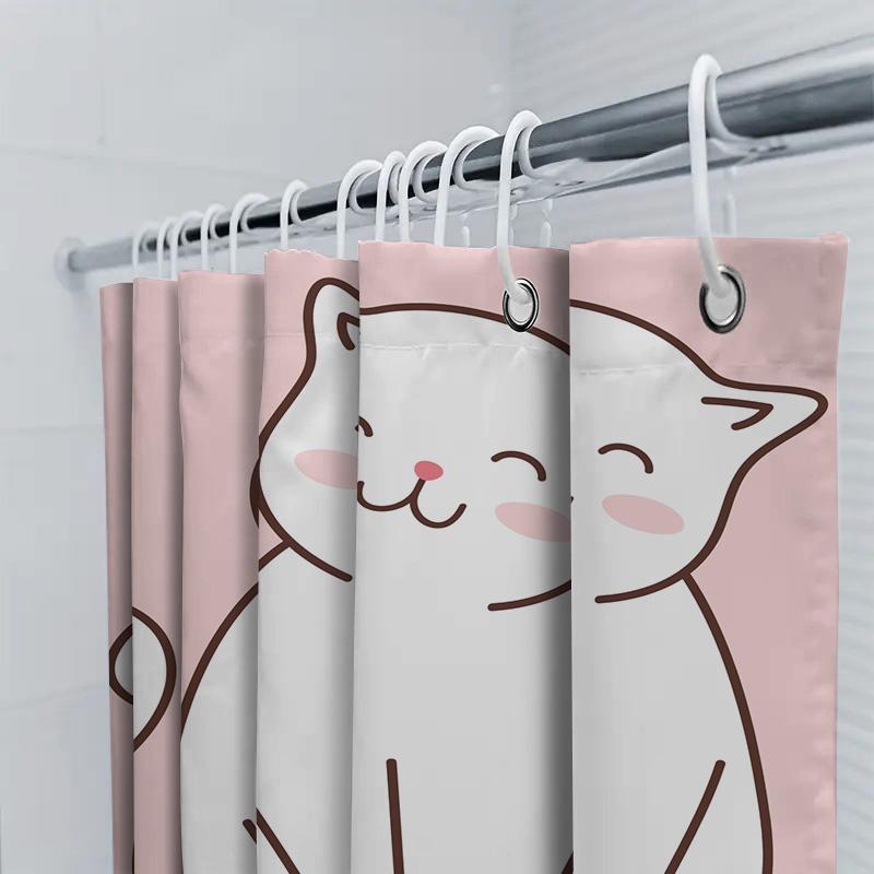 White Cat Bathroom Shower Curtain With Pink Background Perfect Decoration For Your Bathtub Area (Search Keyword: White Cat Showe