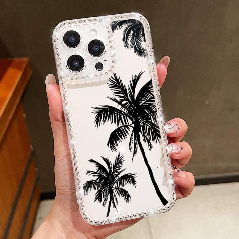 For iPhone 16 16E 15 Pro Max 14 Pro 13 12 11 Case Diamond Frame Coconut Tree Print Clear Shockproof Lens Protection Soft Silicone Phone Cover Shell