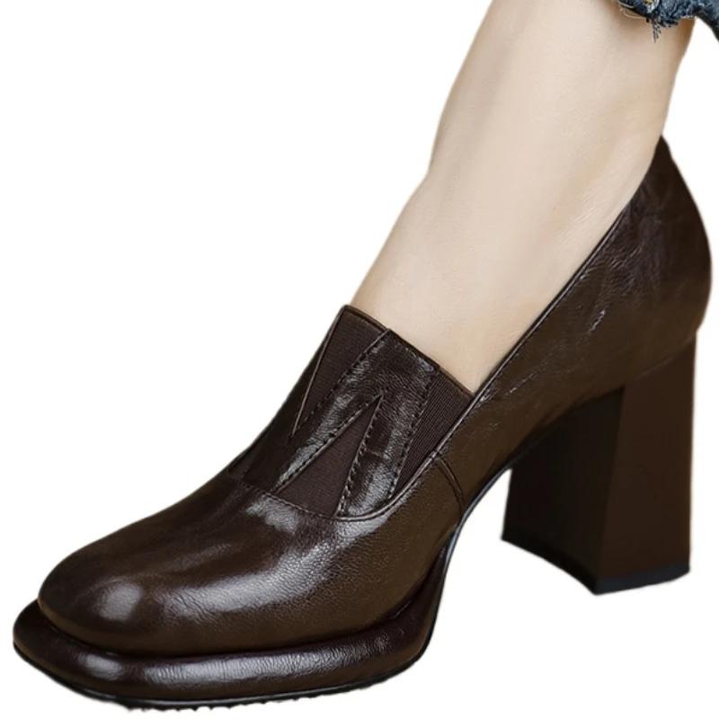 Moda Feminina Retro Bombas Primavera Outono Grosso Salto Quadrado Sapato Slip-On Bombas Femininas Biqueira Quadrada Estilo Francês Sapatos Femininos 7,5 CM