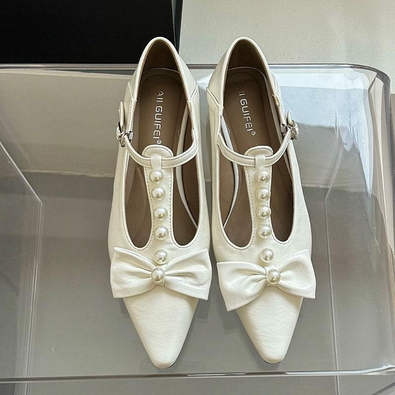 

Модная обувь Т-образный ремешок женские балетки обувь новинка 2025 женские неглубокие с ремешком бусины модный бант женские балетки обувь Лолита 35 бежевый