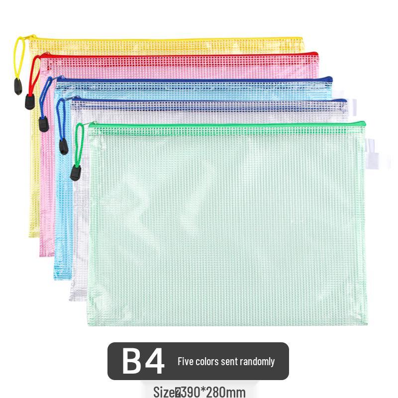 A4 Waterproof Mesh Zipper File Bag - Transparent, PVC, Handheld, Office & Student Stationery.
