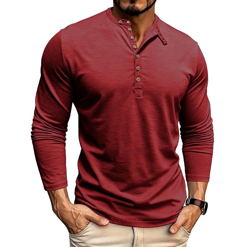 Mens Henley Collar Long Sleeve T-Shirts Solid Color Loose Fit Button Front Casual Daily Tshirts