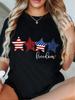 Women's Patriotic Star Print T-Shirt  Bohemian Short Sleeve Top with American Flag Design  Red Glitter Stars Freedom Text Casual